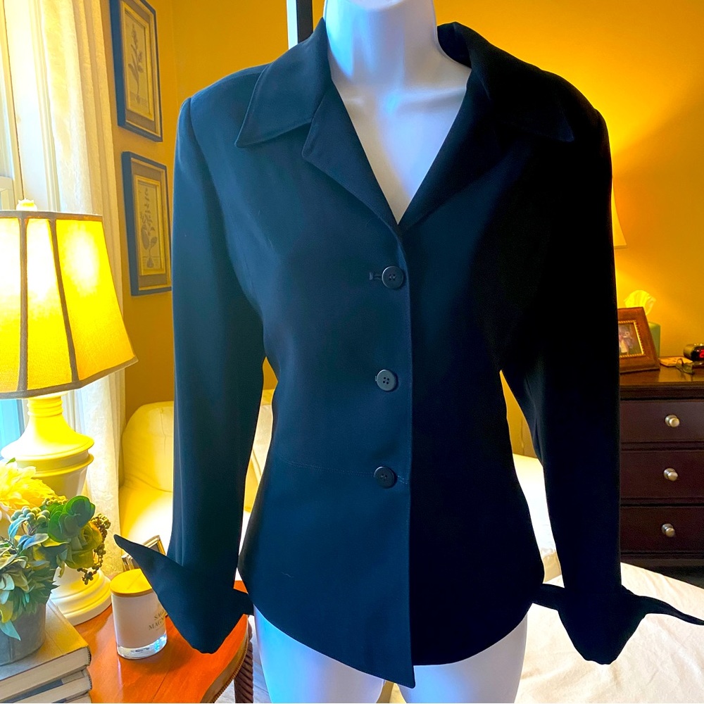 Drama black 3 button blazer with turn back cuffs. Size 8